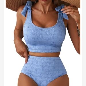 Chic Vintage Style Light Blue High-Waist Tie-Shoulder Bikini Set Plus Size 2XL